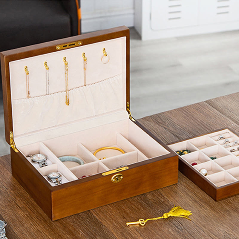 KarmaRipple's Vintage Wooden Jewelry Box Two-Layer Solid Wood Jewelry Storage Box p13