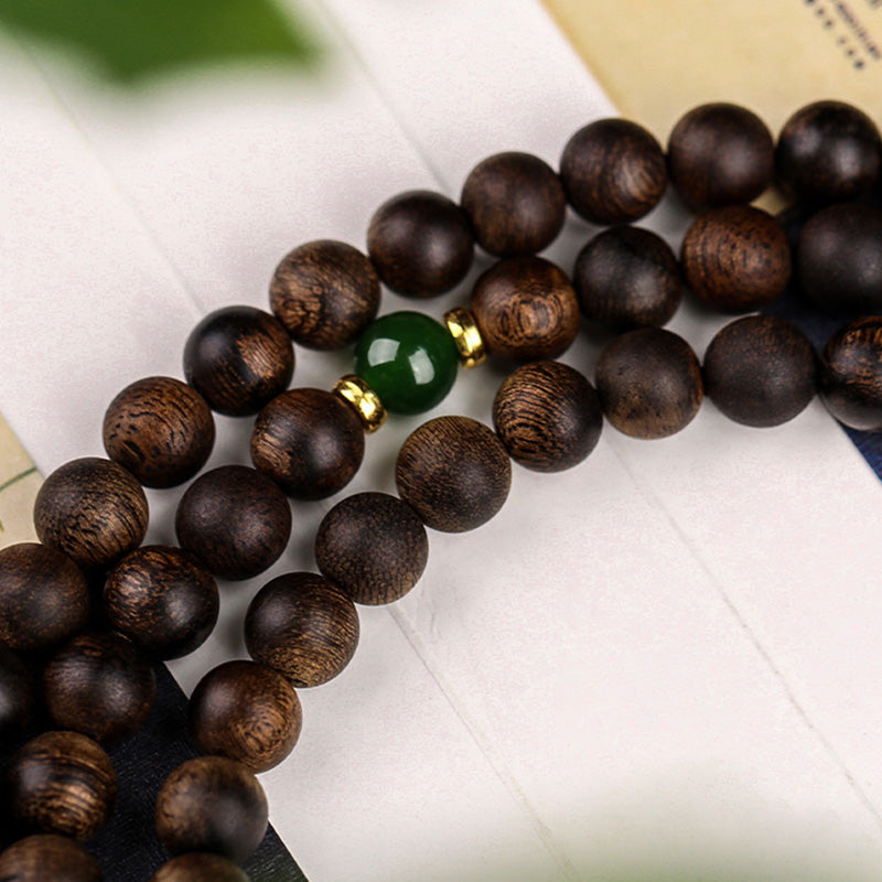 KarmaRipple's 108 Mala Beadwork Indonesia Tarakan Rare Agarwood Cyan Jade Ward Off Evil Spirits Bracelet p20