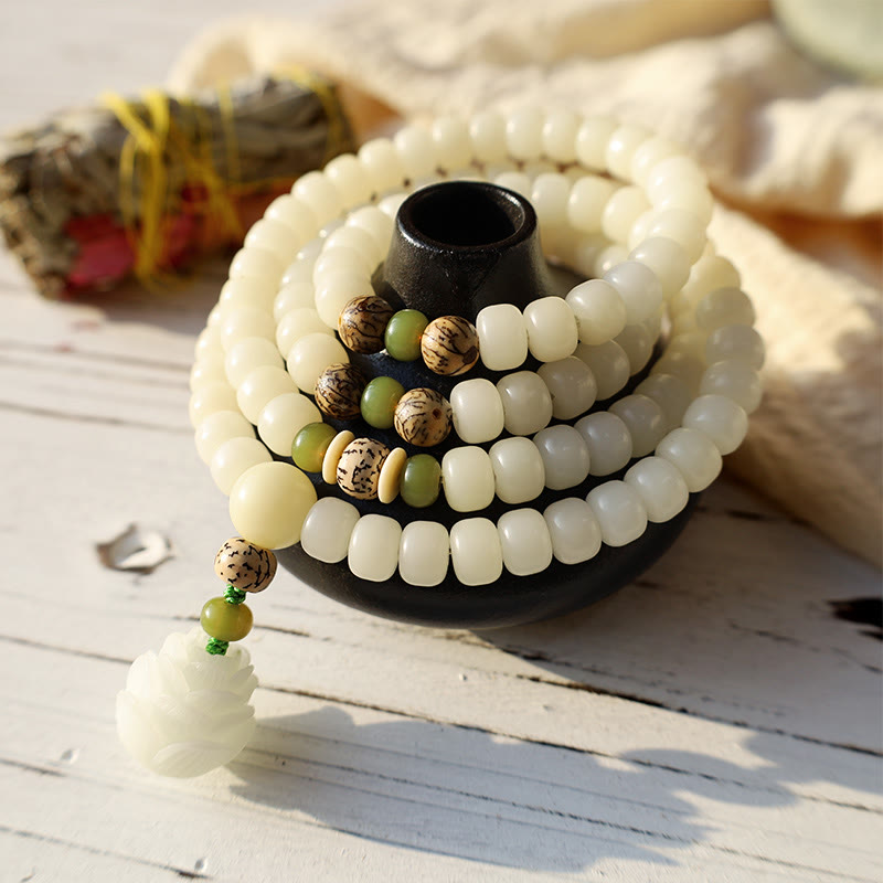 KarmaRipple's Ivory Jade Bodhi Lotus Mala Balance Pendant Bracelet p3