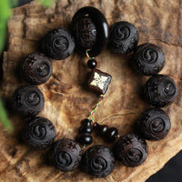 Bracelet d'équilibre en bois d'ébène KarmaRipple avec inscription chinoise Yin Yang gravée en forme de gourde
