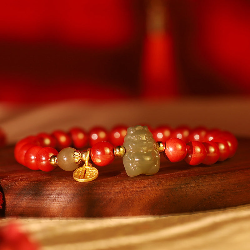 KarmaRipple's 925 Sterling Silver Year of the Dragon Authentic Cinnabar Hetian Jade Dragon Fu Character Ruyi As one'shes Talisman Blessing Bracelet ( p8