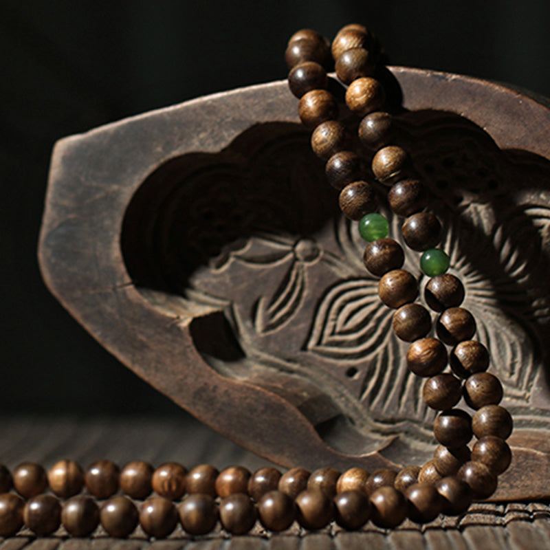 KarmaRipple's 999 Gold 108 Mala Beadwork Kalimantan Agarwood Cyan Jade Six True Words Strength Bracelet p14