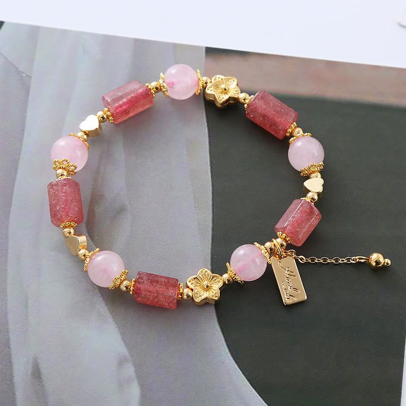 KarmaRipple's Strawberry Quartz Pink Gemstone Love Heart Flower Positive Bracelet p1