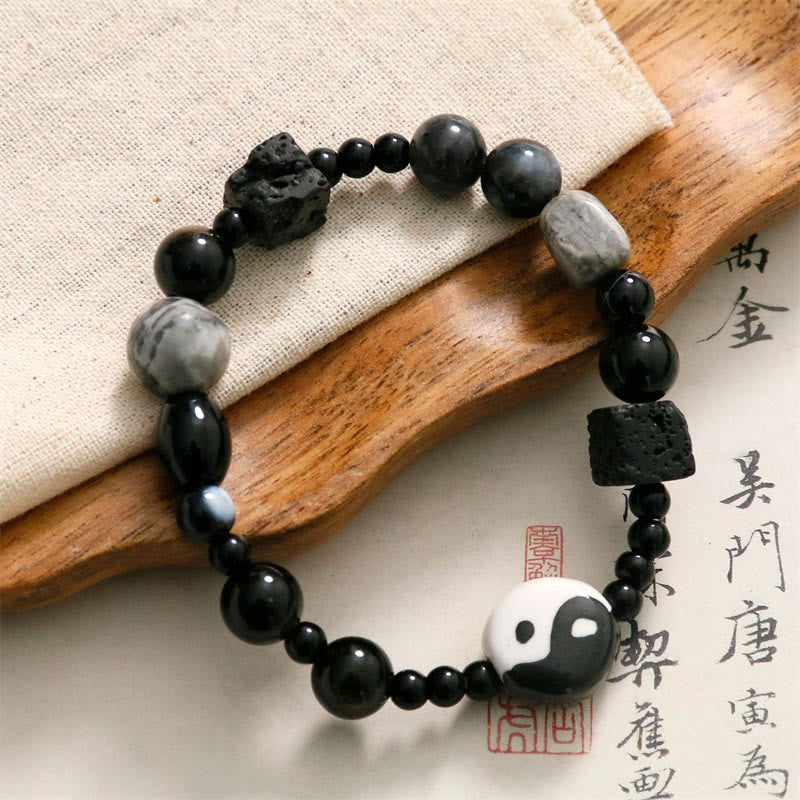KarmaRipple's Black Onyx Picasso Jasper Bead Yin Yang Fortune Protection Bracelet p7