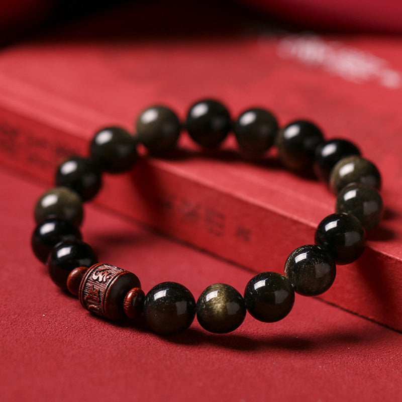 KarmaRipple's Authentic Gold Sheen Obsidian Rainbow Obsidian Om Mani Padme Hum Fu Character Balancing Bracelet p11