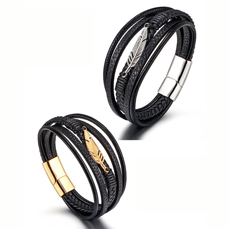 KarmaRipple's Feather Pattern Multilayer Leather Titanium Steel Calm Woven Magnetic Buckle Bracelet p9