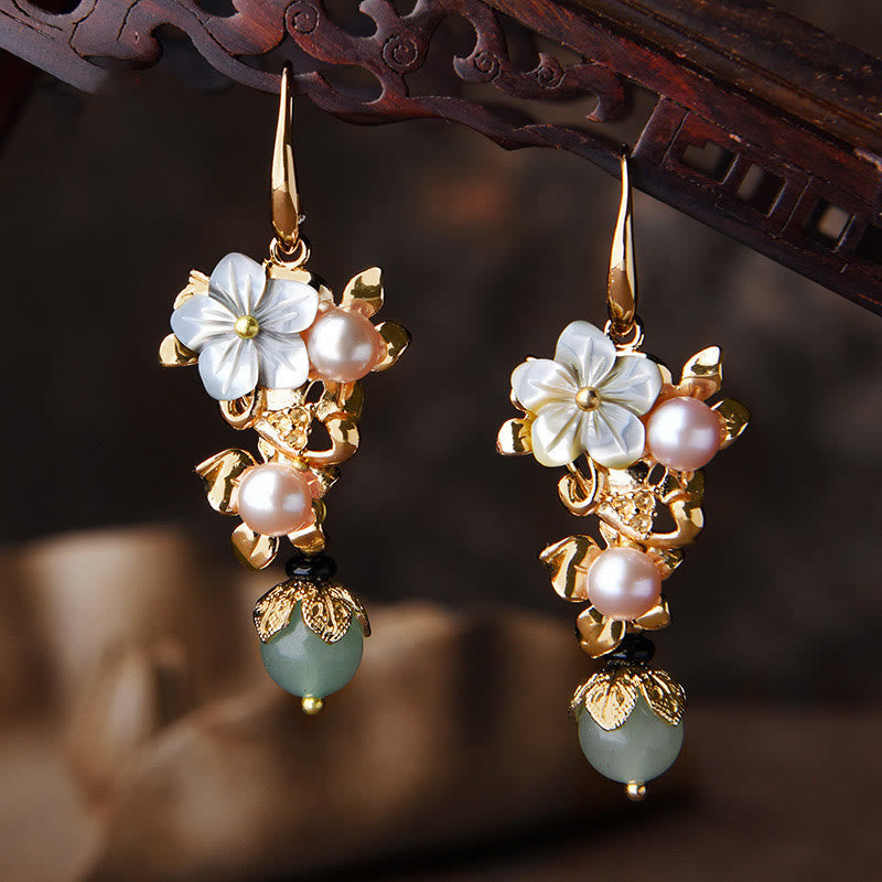 KarmaRipple's 14K Gold Plated Tridacna Stone Flower Pearl Green Aventurine Bead Drop Earrings p13