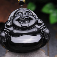 Collier pendentif transformable en obsidienne noire Bouddha rieur de KarmaRipple