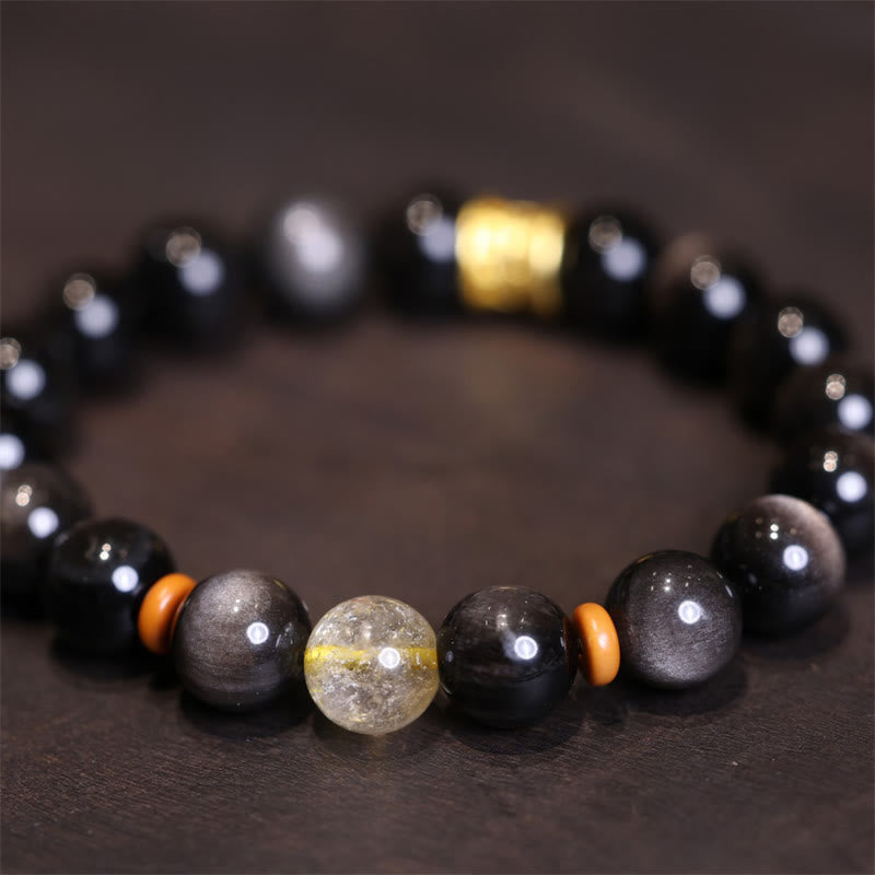 KarmaRipple's Authentic Silver Sheen Obsidian Gemstone Om Mani Padme Hum Bead Protection Bracelet p2