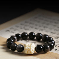 Bracelet de protection en obsidienne argentée et brillante de KarmaRipple, graine de Bodhi, ivoire, fruit, lion dansant