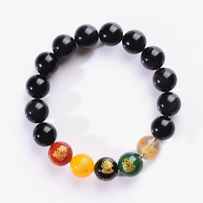 KarmaRipple's Gold Sheen Obsidian Rainbow Obsidian Black Obsidian Five Directions Gods of Wealth Bracelet p15