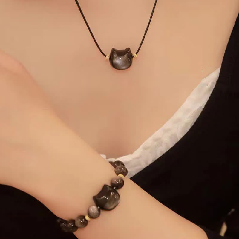 KarmaRipple's Gold Sheen Obsidian Silver Sheen Obsidian Lovely Paw Fortunate Cat Protection Bracelet p40