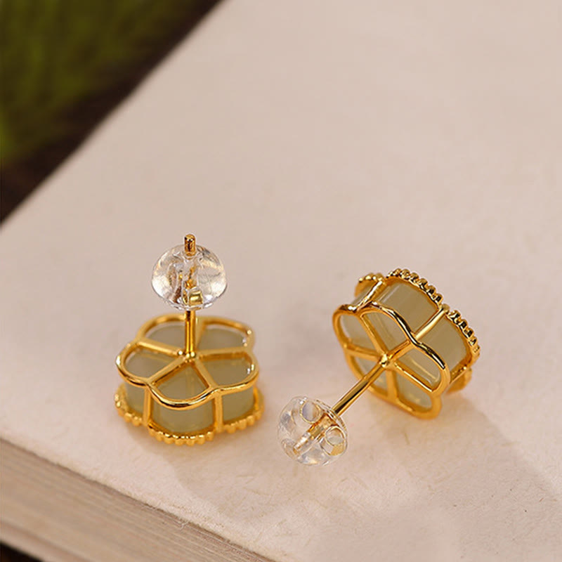 KarmaRipple's 925 Sterling Silver Hetian Jade Plum Flower Fortune Stud Earrings p7