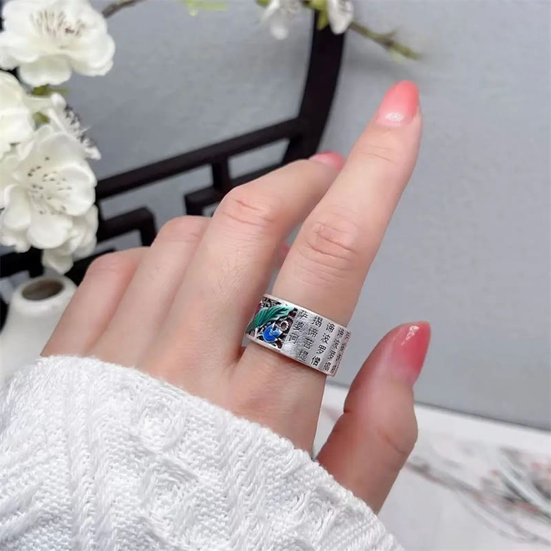 KarmaRipple's Bronze Blue Enamel Lotus Heart Sutra Koi Fish Fortune Ring p15