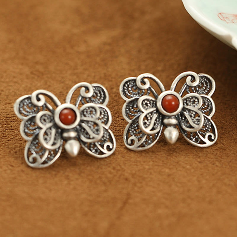 KarmaRipple's 925 Sterling Silver Red Agate Butterfly Self-acceptance Ring Earrings Set p3