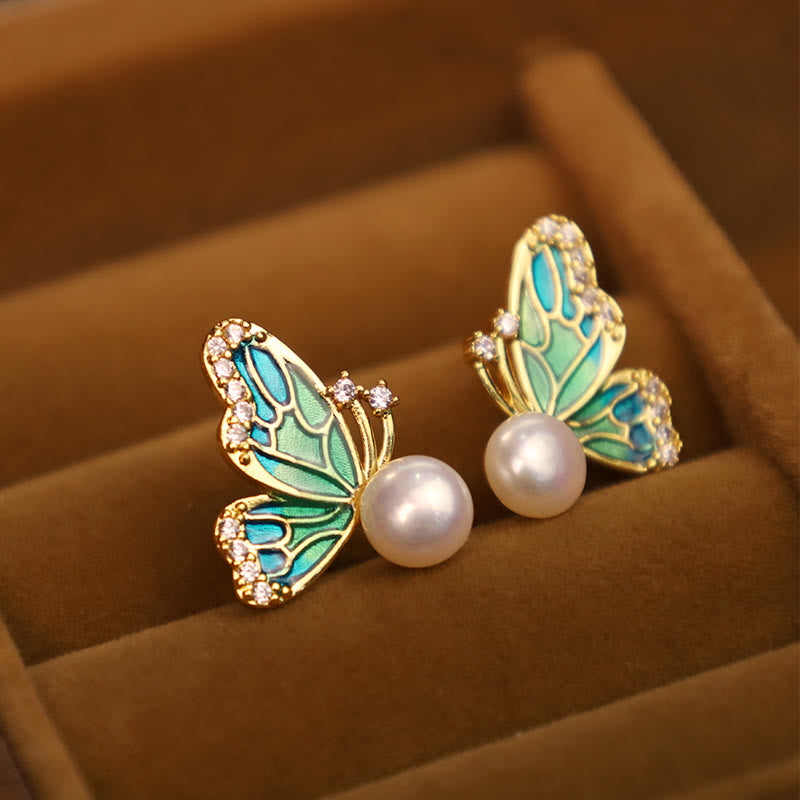 KarmaRipple's 925 Sterling Silver Posts 18K Gold Plated Bronze Authentic Pearl Butterfly Balancing Stud Earrings p11