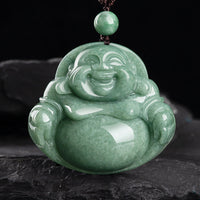 Collier de perles en fil de jade cyan avec pendentif Bouddha rieur de KarmaRipple