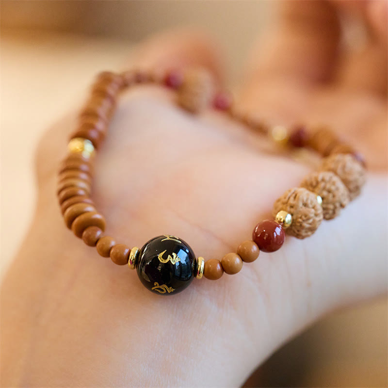 KarmaRipple's Tibetan Bodhi Seed Black Onyx Smoky Quartz Om Mani Padme Hum Fu Character Wealth Bracelet p3