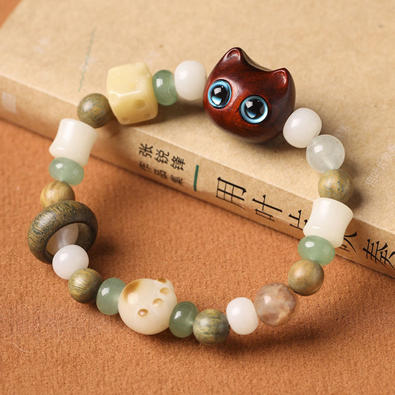 KarmaRipple's Bodhi Seed Green Sandalwood Ebony Wood Small Leaf Red Sandalwood Cat Head Paw Claw Peace Bracelet p13