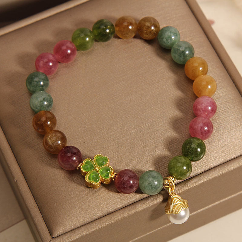 KarmaRipple's Colorful Tourmaline Four Leaf Clover Flower Wisdom Bracelet p2