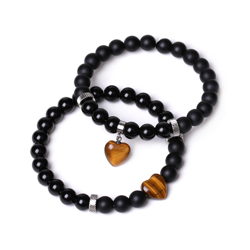KarmaRipple's 2Pcs Black Onyx Gemstone Stone Love Heart Protection Support Pair Bracelet p9