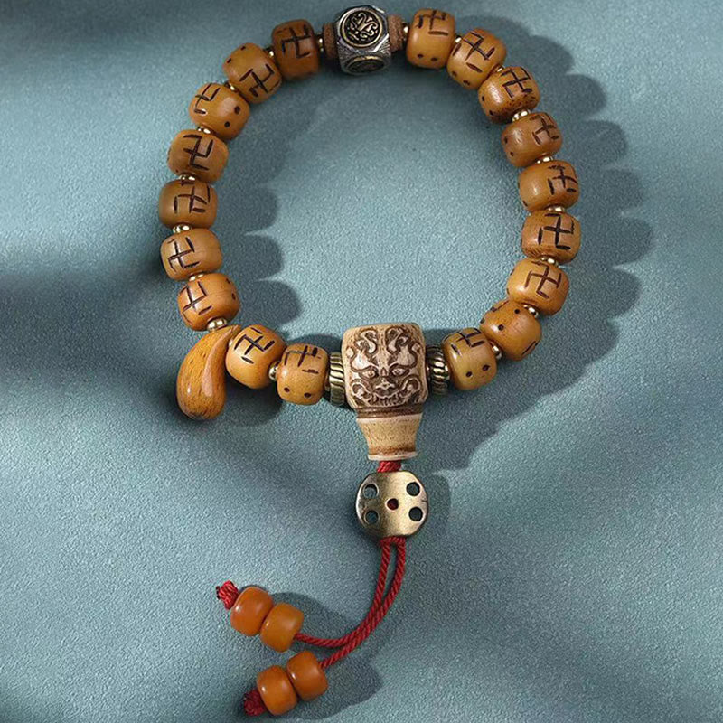 KarmaRipple's Authentic Tibetan Camel Bone Swastika Dzi Bead Shankha Buddha Talisman Kirtimukha Fortune Protection Tassel Bracelet p14
