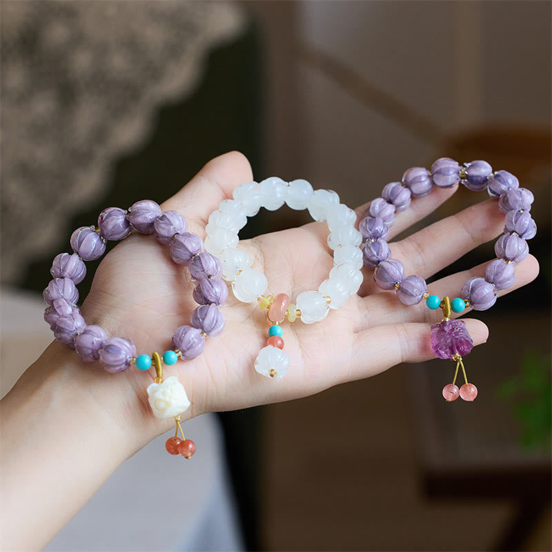 KarmaRipple's Liuli Glass Bead Lotus Design Fluorite Ivory Fruit Dancing Lion Talisman Enlightenment Bracelet p9