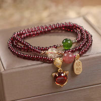 Bracelet triple tour en quartz fraise et grenat authentique de KarmaRipple, avec boucle de paix, protection de la fortune et poisson koï