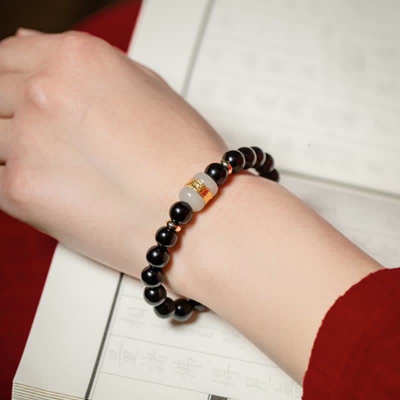 KarmaRipple's Black Obsidian Jade Om Mani Padme Hum Strength Pair Magnetic Bracelet p5