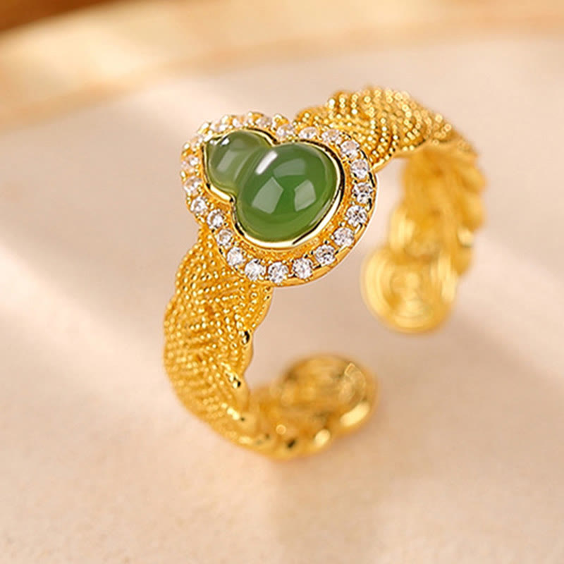KarmaRipple's 925 Sterling Silver Plated Gold Authentic Hetian Cyan Jade Gourd Fortune Bracelet Ring Set p9
