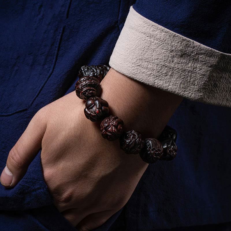 KarmaRipple's Chinese Zodiac Engraved Small Leaf Red Sandalwood Protection Bracelet p13