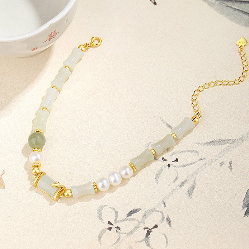 KarmaRipple's 925 Sterling Silver Authentic Hetian Ivory Jade Bamboo Fortune Blessing Bracelet p5