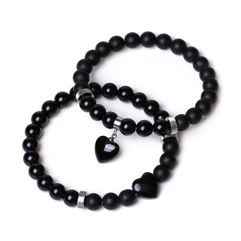 KarmaRipple's 2Pcs Black Onyx Gemstone Stone Love Heart Protection Support Pair Bracelet p2