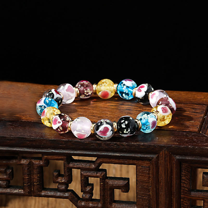 KarmaRipple's Gold Swallowing Beast Family Pink Love Heart Luminous Fluorescent Liuli Glass Bead Bracelet p26