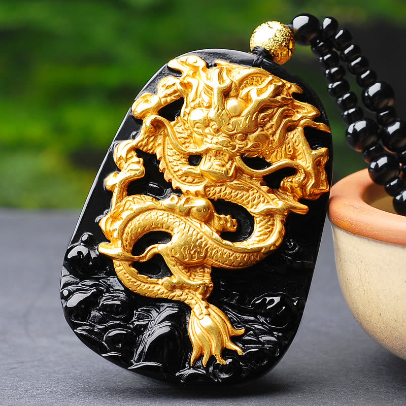 KarmaRipple's 18k Gold-plated Dragon Obsidian Fortunate Necklace Pendant p2
