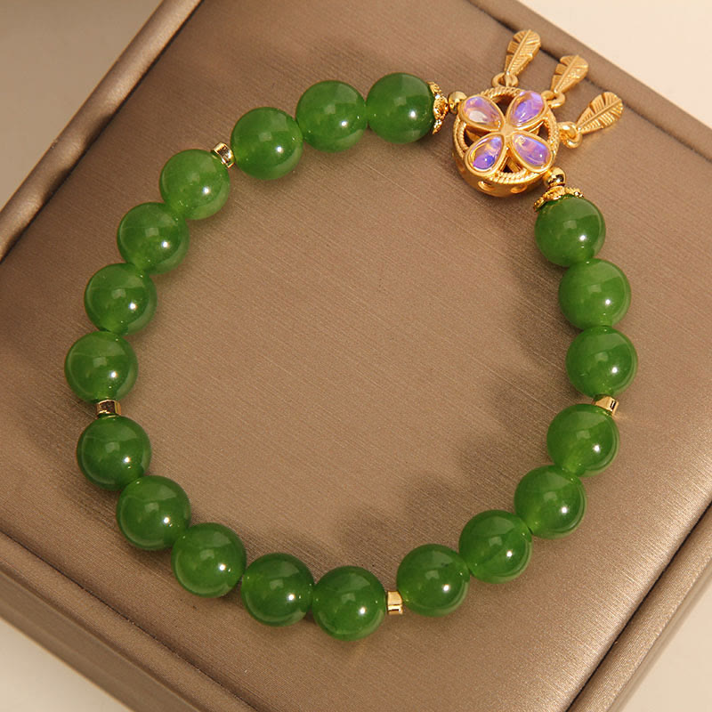 KarmaRipple's Green Jade Dreamcatcher Four Leaf Clover Fortune Bracelet p4