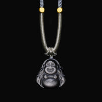 Collier pendentif de protection authentique en obsidienne argentée brillante de KarmaRipple représentant le Bouddha rieur