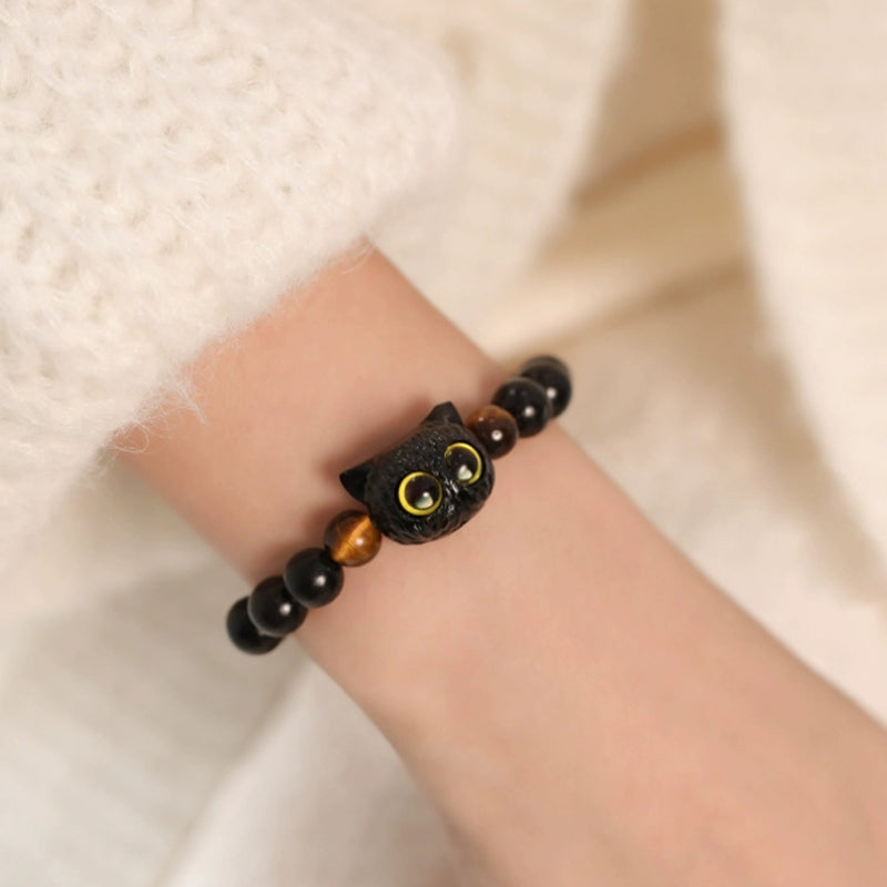 KarmaRipple's Cute Ebony Wood Cat Head Pattern Peace Bracelet p9