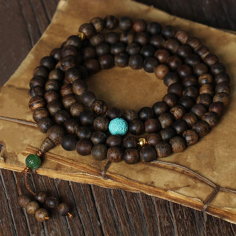 KarmaRipple's 108 Mala Beadwork Nha Trang Agarwood Turquoise Prayer Meditation Bracelet Mala p3
