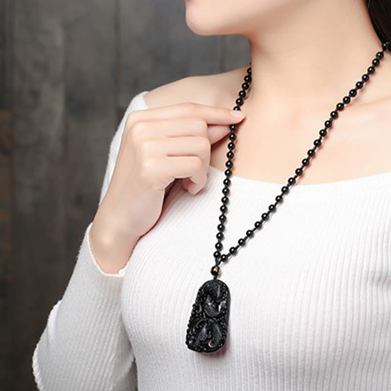 KarmaRipple's Black Obsidian Koi Fish Engraved Strength Beaded Pendant Necklace p18