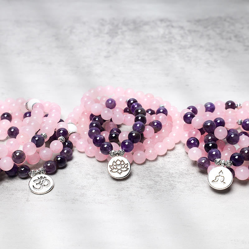 KarmaRipple's Authentic Rose Quartz & Amethyst Mala Bead Lotus Necklace Bracelet p7