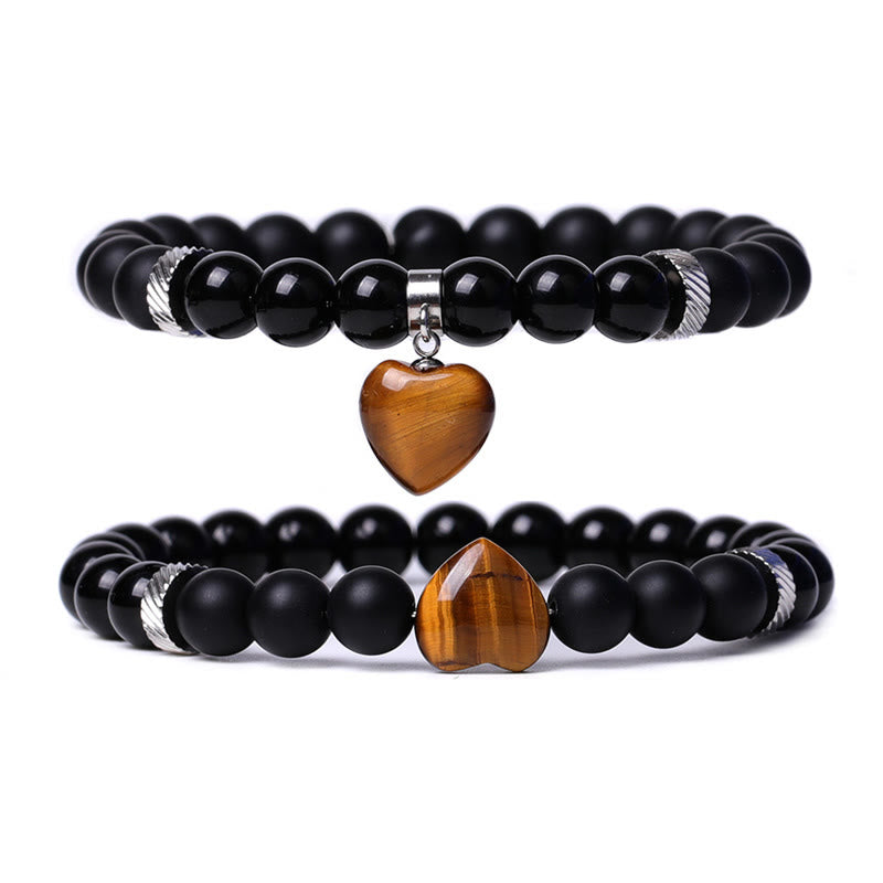 KarmaRipple's 2Pcs Black Onyx Gemstone Stone Love Heart Protection Support Pair Bracelet p21