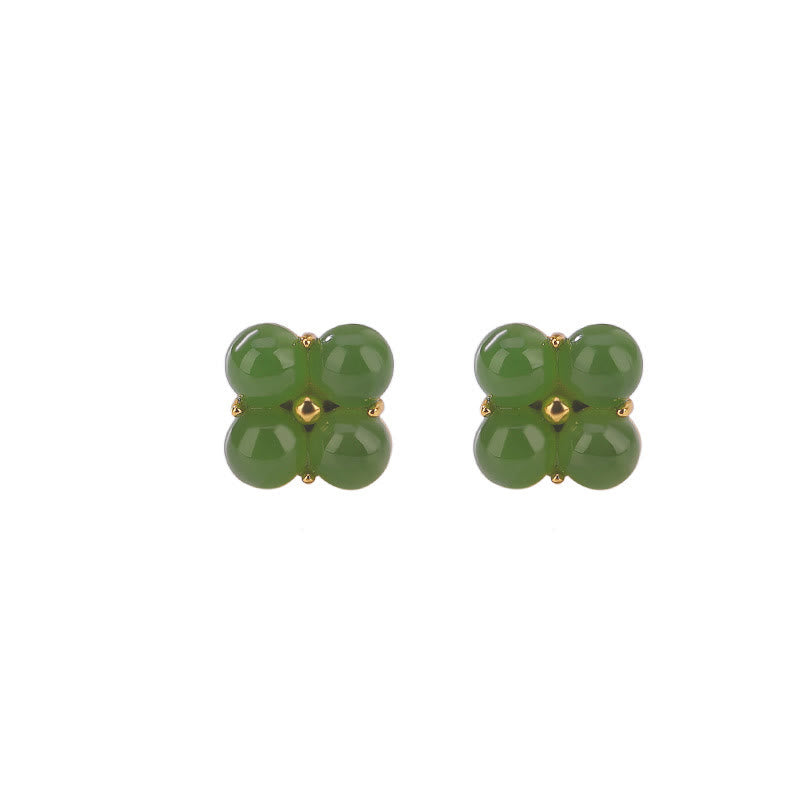 KarmaRipple's 925 Sterling Silver Plated Gold Authentic Cyan Jade Four Leaf Clover Fortune Stud Earrings p9