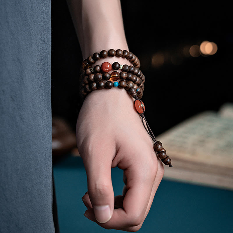 KarmaRipple's 108 Mala Beadwork Kalimantan Agarwood Laughing Buddha Peace Buckle Red Agate Jade Strength Bracelet p9