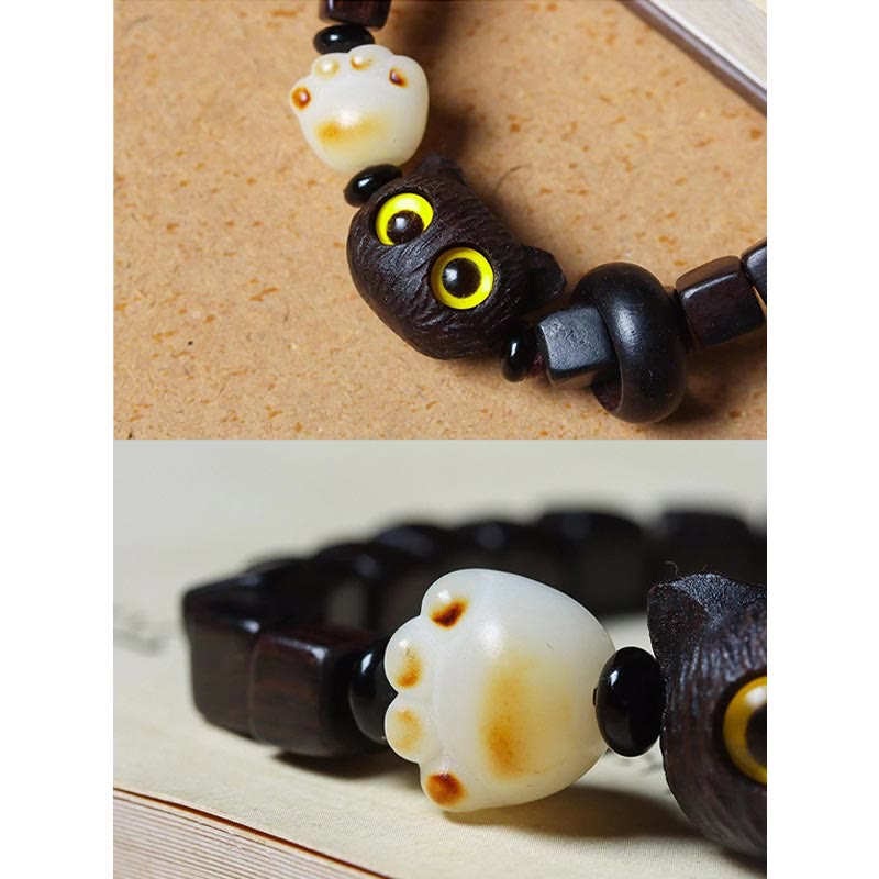 KarmaRipple's Ebony Wood Cute Cat Bodhi Seed Paw Claw Square Beadwork Calm Bracelet p6