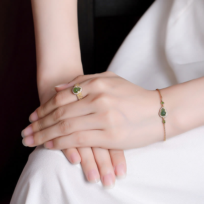 KarmaRipple's 925 Sterling Silver Plated Gold Authentic Hetian Cyan Jade Gourd Fortune Bracelet Ring Set p8