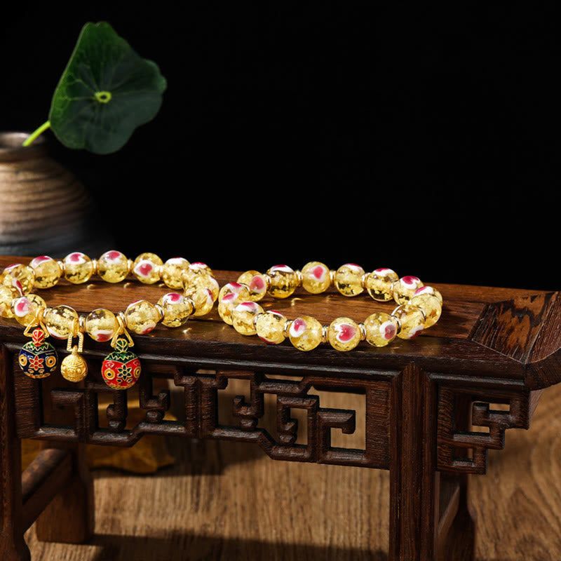 KarmaRipple's Gold Swallowing Beast Family Pink Love Heart Luminous Fluorescent Liuli Glass Bead Bracelet p17