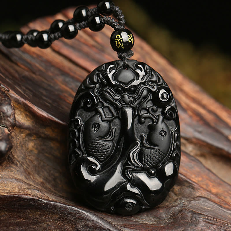 KarmaRipple's Black Obsidian Koi Fish Bead Rope Fulfilment Strength Pendant Necklace p1