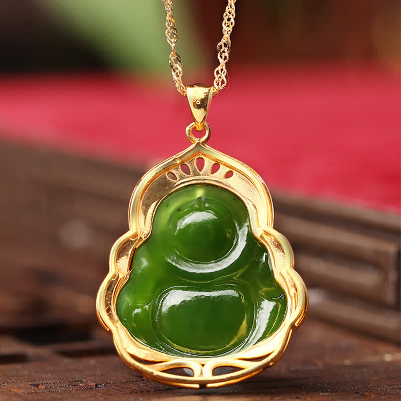 KarmaRipple's 925 Sterling Silver Authentic Hetian Cyan Jade Laughing Buddha 18K Gold Balancing Pendant Chain Necklace p8