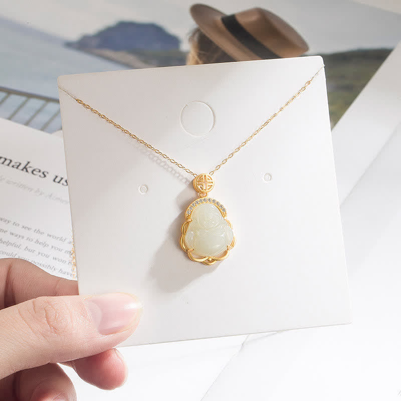 KarmaRipple's 925 Sterling Silver Laughing Buddha Hetian Ivory Jade Protection Pendant Necklace p3